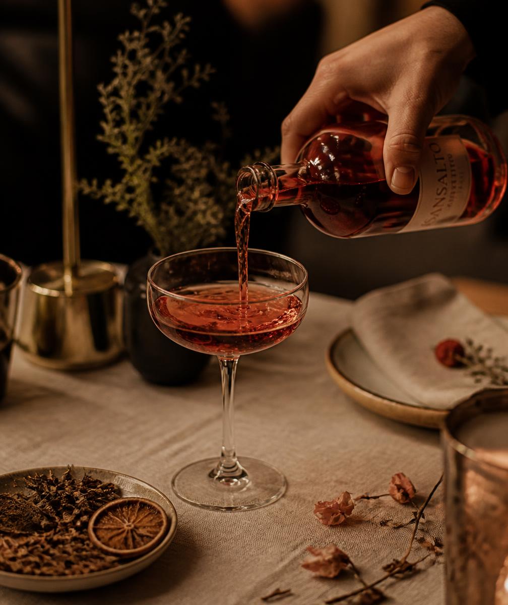 An aperitif being poured into a coupe glass