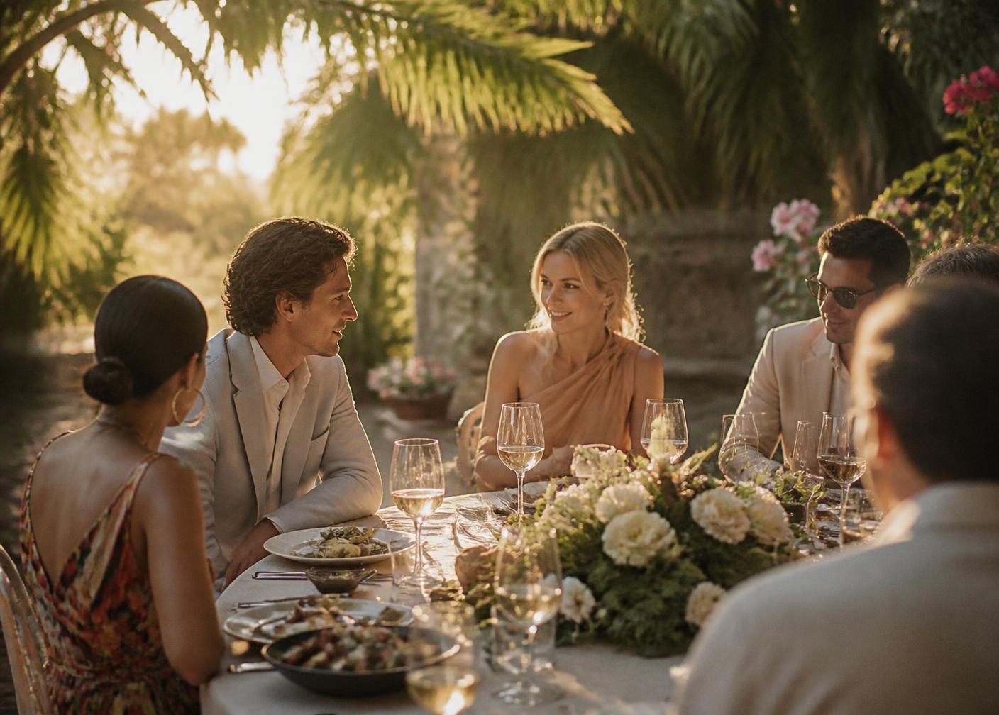 Guests dining at a garden table at golden hour