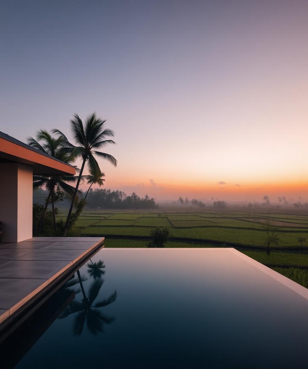 Infinity pool overlooking rice terraces at dawn