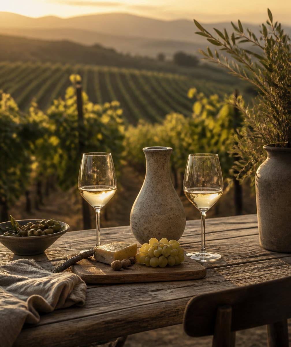 Vineyard tasting table at golden hour