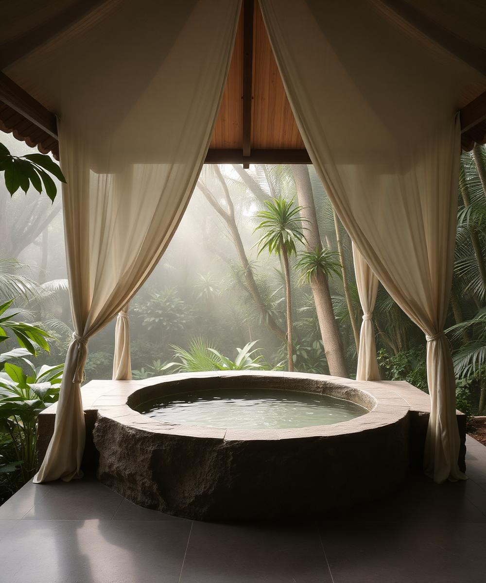 Stone bath in a jungle treatment pavilion